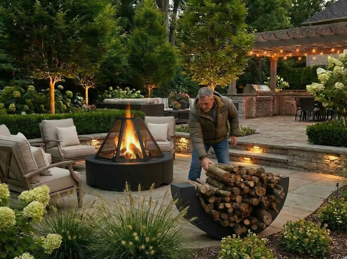 Ensemble foyer OROS avec feu en soirée