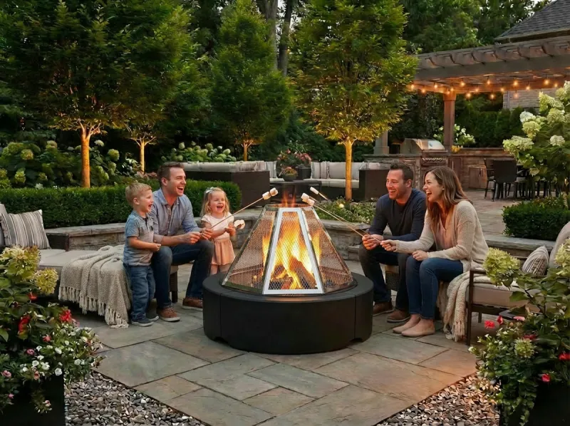 Famille réunie autour du foyer OROS — air sain, pas de fumée