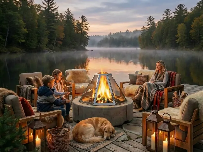Famille au bord du lac au crépuscule avec foyer OROS