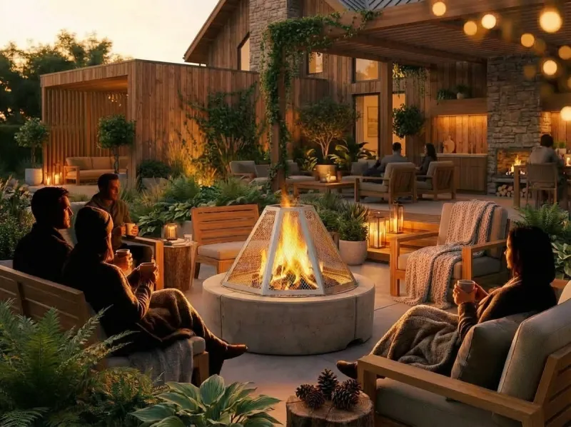 Soirée entre amis sur terrasse avec foyer OROS et guirlandes